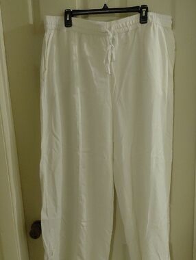 NWT Coral Bay White Linen Pants 2X, Elastic Drawstring, 2 Pockets, Cuff Buttons